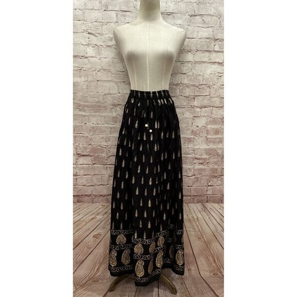 Lapogee Womens 2X Elastic Waist Long Maxi Skirt Black Gold Bohemian Rayon NEW - Picture 1 of 4